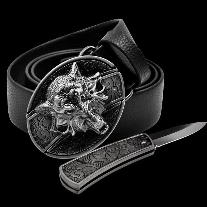 Cinturón de cuero de lobo feroz para hombre con navaja plegable