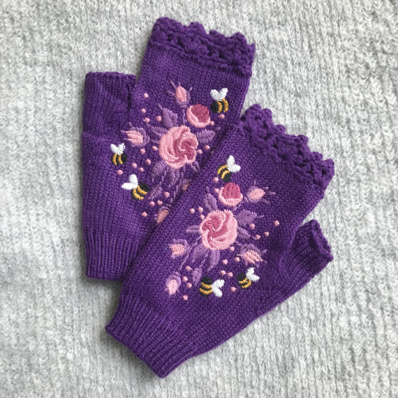 Guantes de punto de medio dedo con bordado de flores para mujer