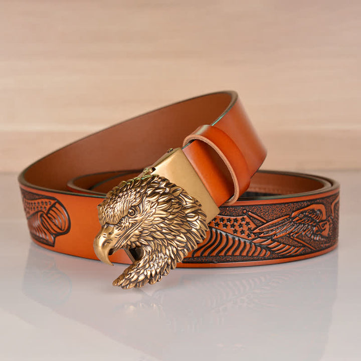 Cinturón de cuero con hebilla automática y cabeza de águila intrincada para hombre