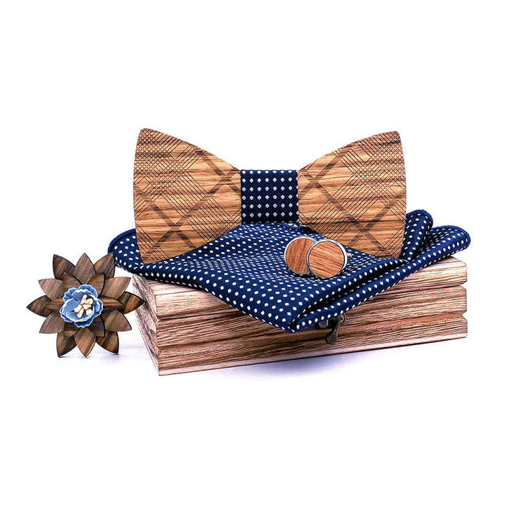 Juego de 4 pajaritas clásicas de madera a cuadros para hombre