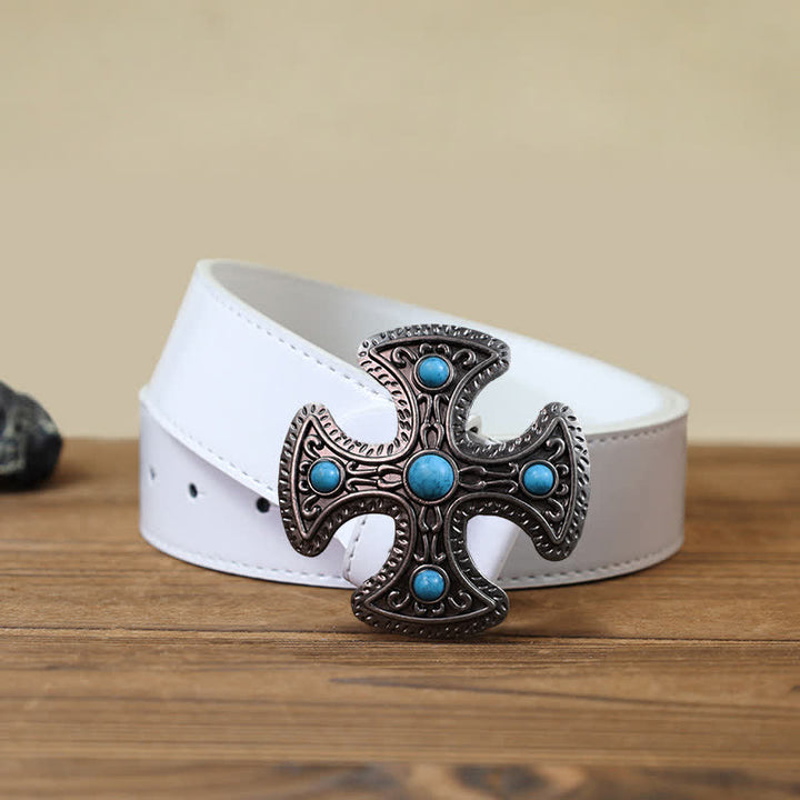 Cinturón de cuero con hebilla de cruz de piedra turquesa retro para hombre hecho a mano