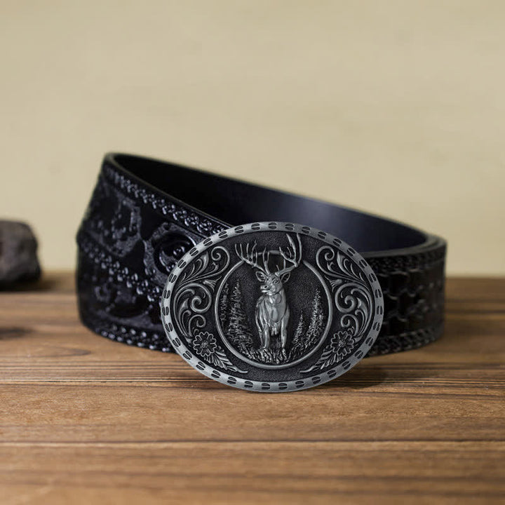 Cinturón de cuero con hebilla de bandera estadounidense para hombre, hecho a mano, con diseño de ciervos