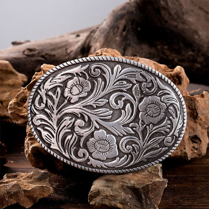 Cinturón de cuero con hebilla ovalada y diseño floral clásico para hombre hecho a mano