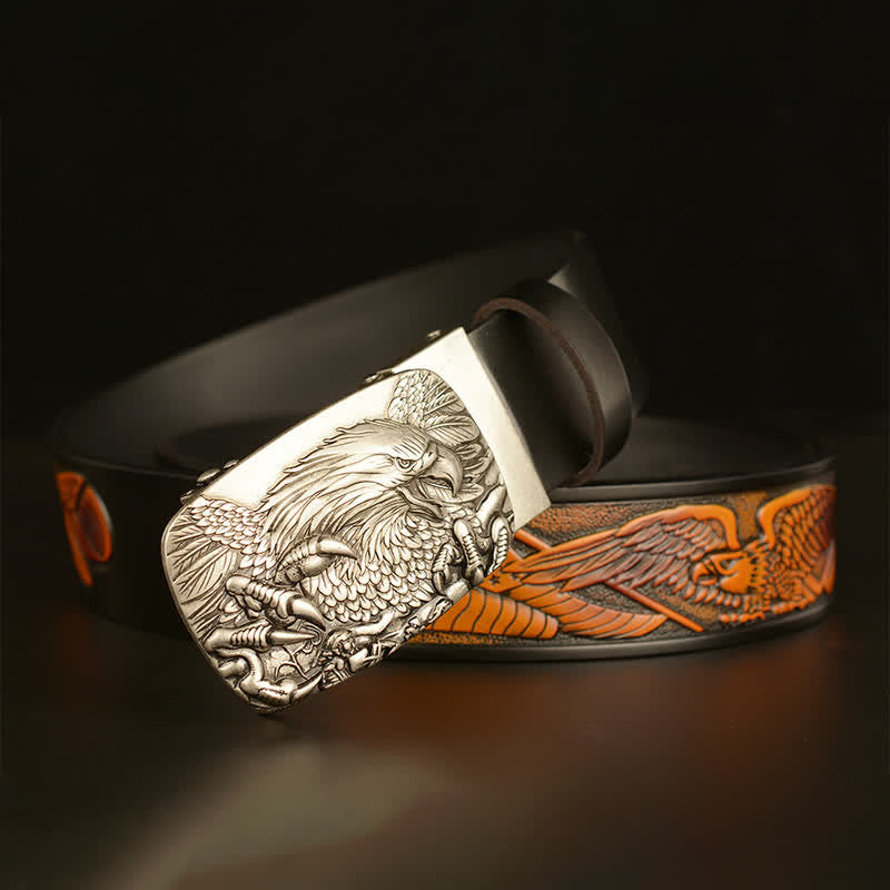Cinturón de cuero con hebilla automática y alas de águila vintage para hombre