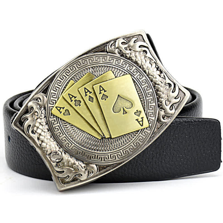 Cinturón de cuero con navaja plegable y diseño de póker dorado para hombre