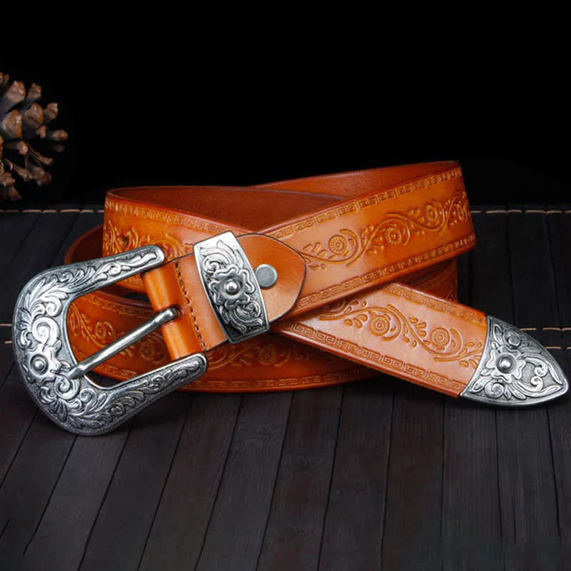 Cinturón unisex de piel con estampado de flores y textura rústica