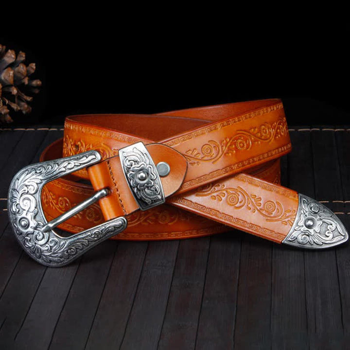Cinturón unisex de piel con estampado de flores y textura rústica