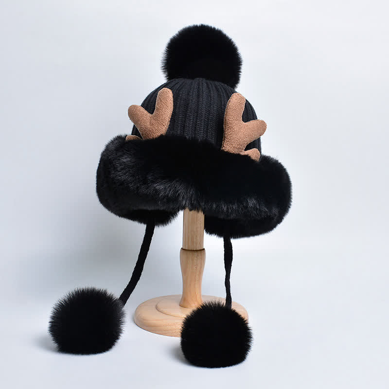 Gorro de punto con pompón de cuerno de ciervo para mujer