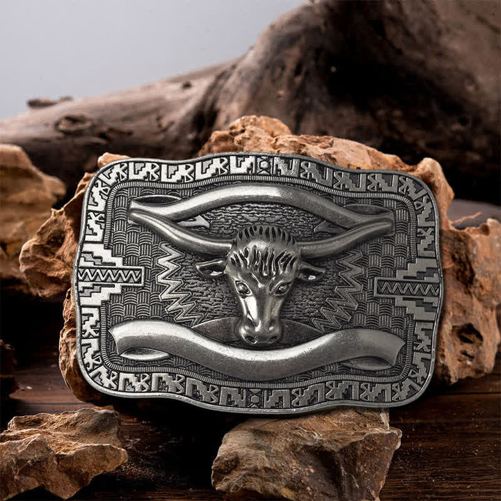 Cinturón de cuero con hebilla cuadrada de toro Longhorn para hombre, hecho a mano, en plata