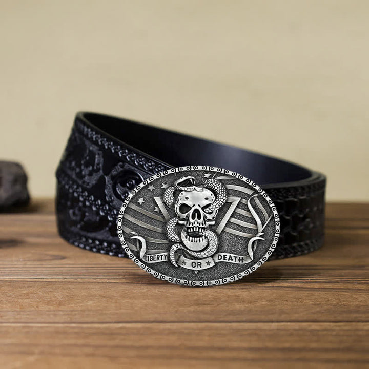 Cinturón de cuero con hebilla de calavera de serpiente "Libertad o muerte" para hombre, hecho a mano
