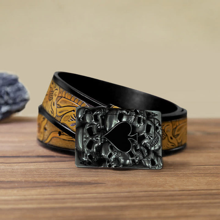 Cinturón de cuero con hebilla de as de espadas y calavera para hombre, hecho a mano