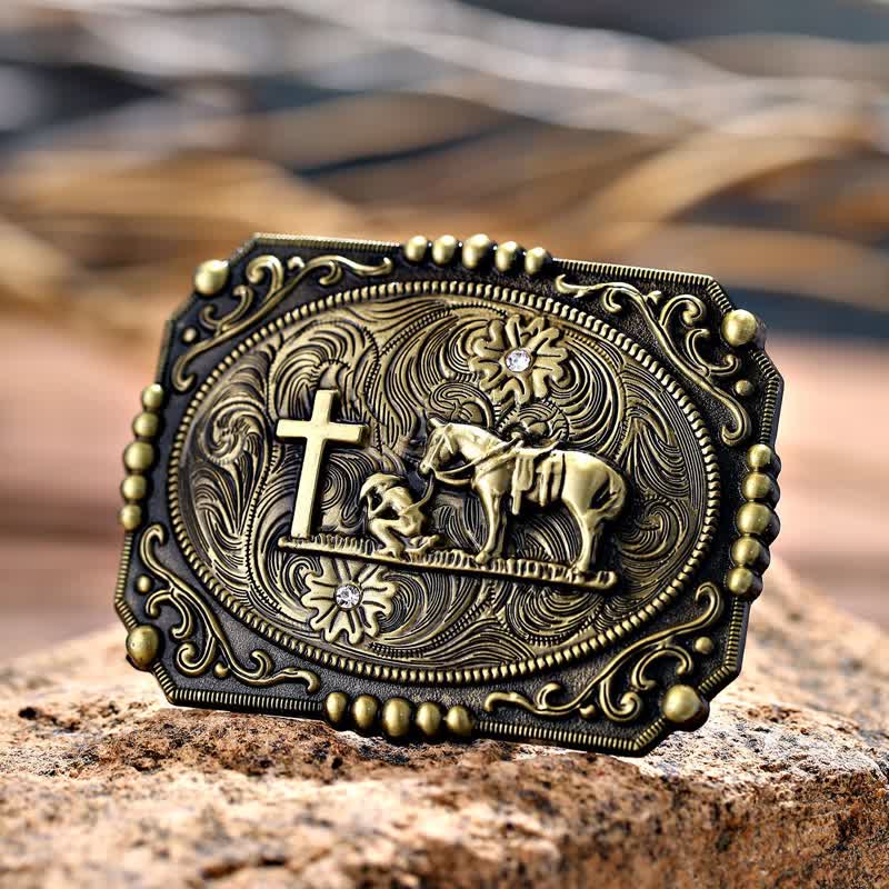 Cinturón de cuero con hebilla de oración de rodillas con cruz de caballo para hombre hecho a mano