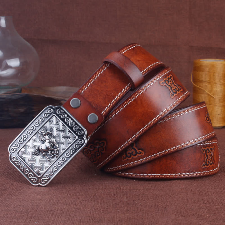Cinturón de cuero de caballo plateado estilo vaquero étnico para hombre