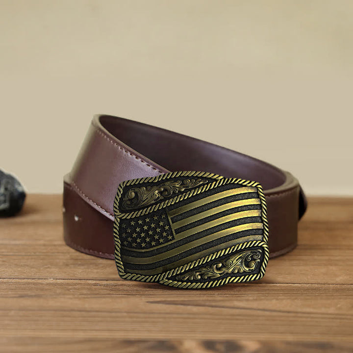 Cinturón de cuero con hebilla antigua de la bandera estadounidense para hombre, hecho a mano