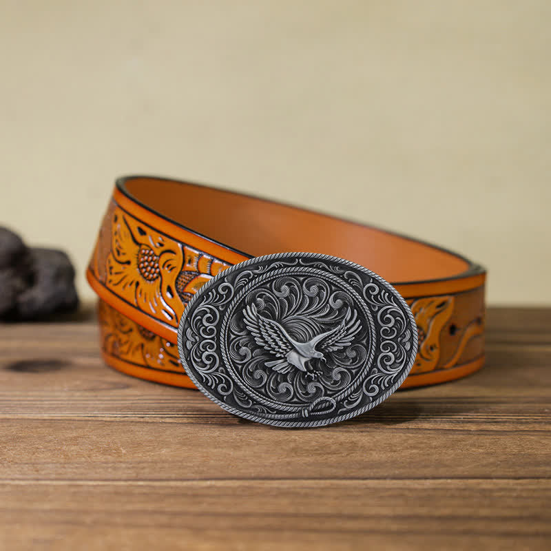 Cinturón de cuero con hebilla floral grabada con águila voladora para hombre hecho a mano