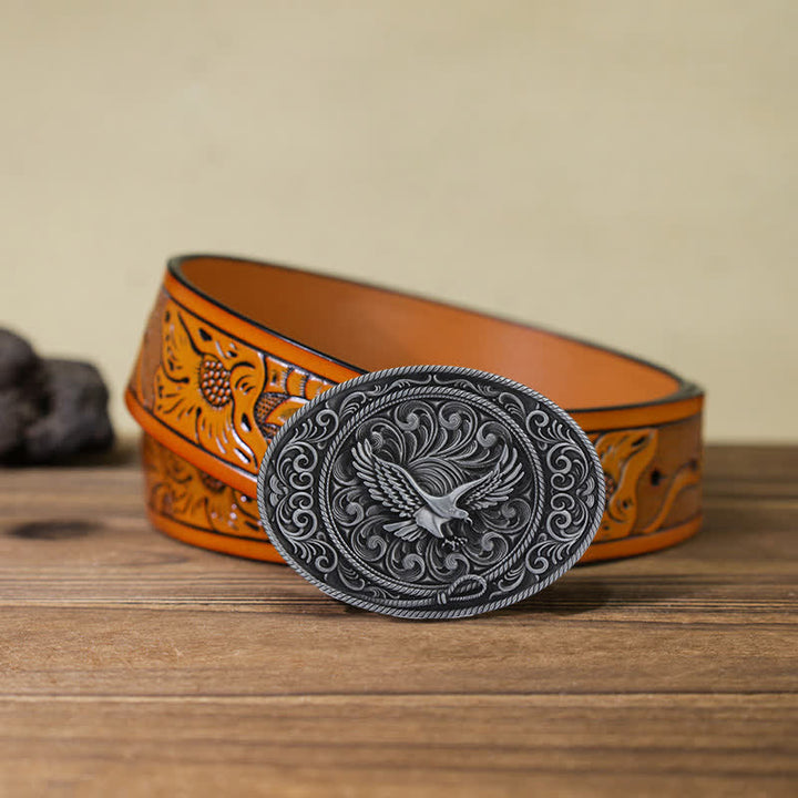 Cinturón de cuero con hebilla floral grabada con águila voladora para hombre hecho a mano