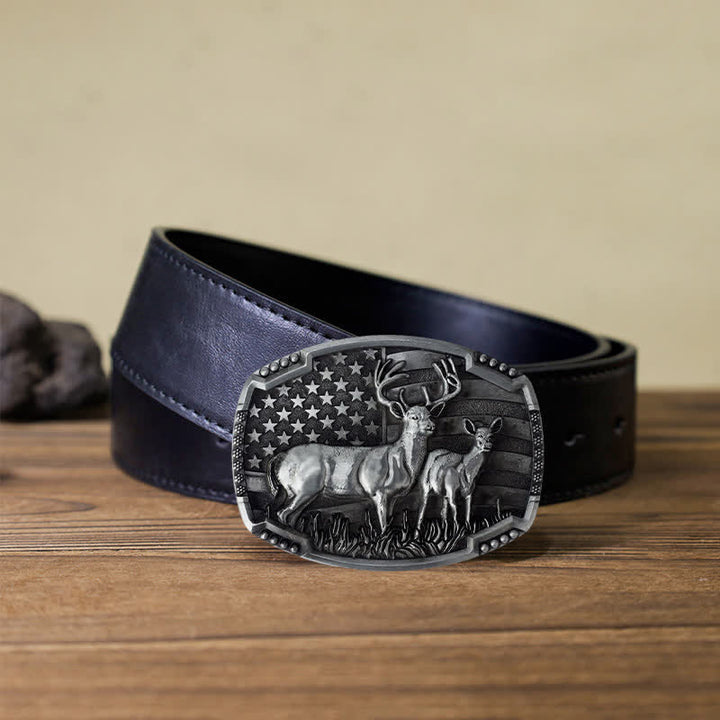Cinturón de cuero con hebilla de bandera estadounidense para hombre, hecho a mano, con diseño de ciervos