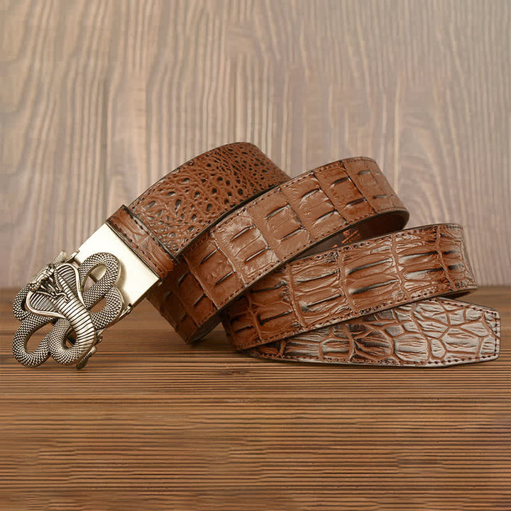 Cinturón de piel de cocodrilo con diseño de cobra rizada para hombre