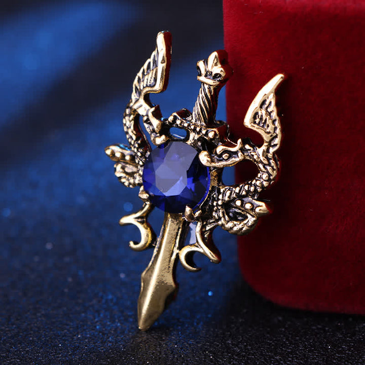 Broche de espada de dragón con gema retro para hombre