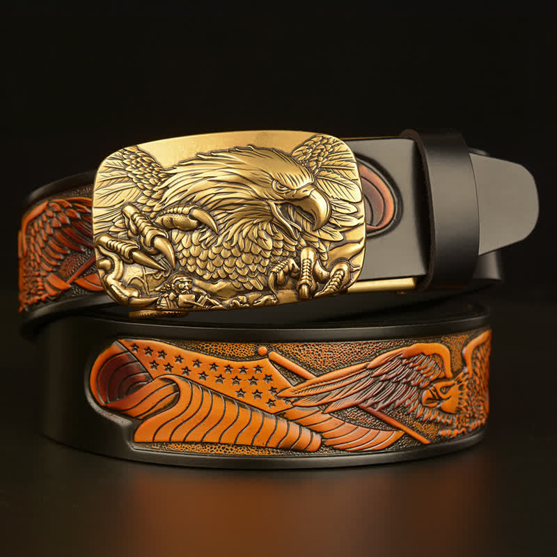 Cinturón de cuero con hebilla automática y alas de águila vintage para hombre