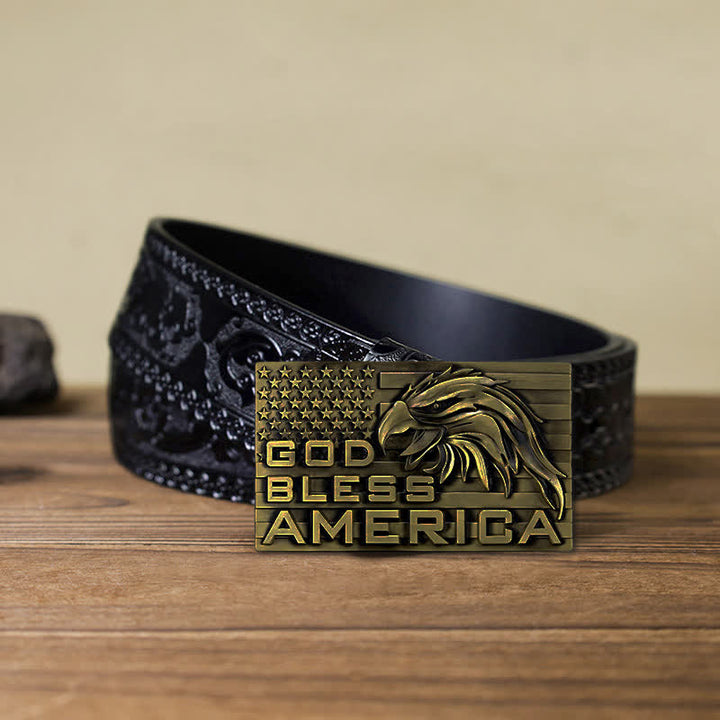 Cinturón de cuero con hebilla de águila God Bless America para hombre, hecho a mano