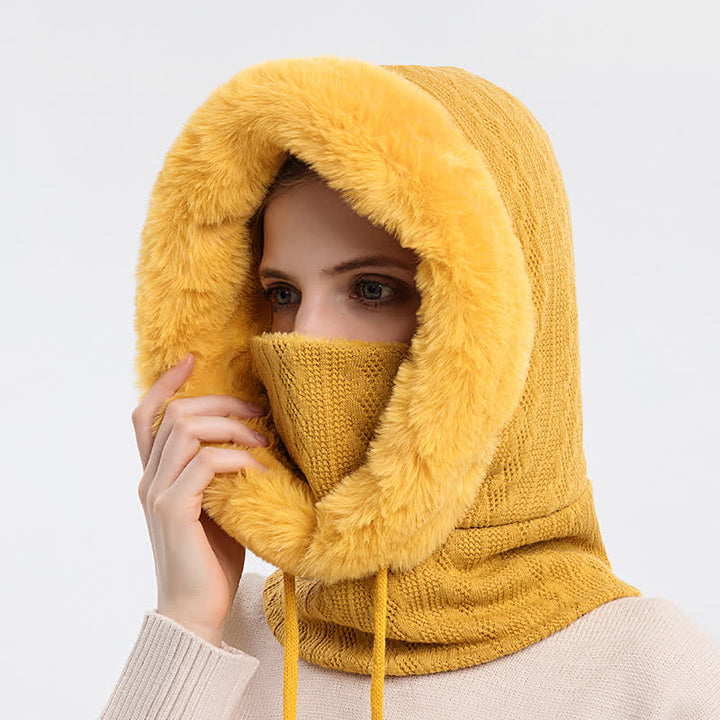 Gorro de punto con capucha y mascarilla de color caramelo para mujer