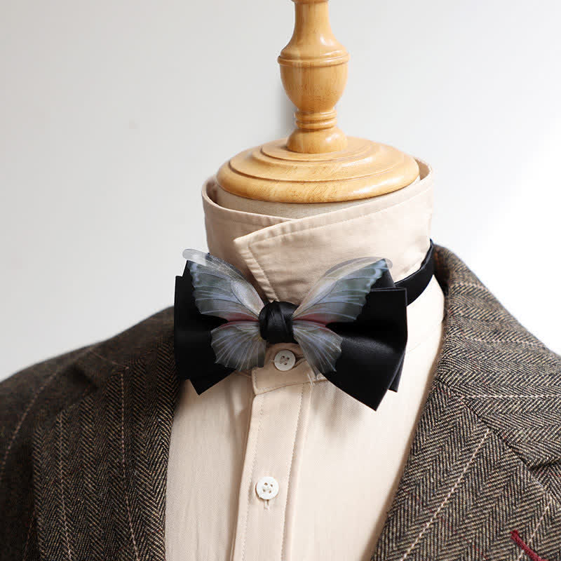 Conjunto de pajarita y pañuelo de bolsillo de organza vintage con mariposas para hombre