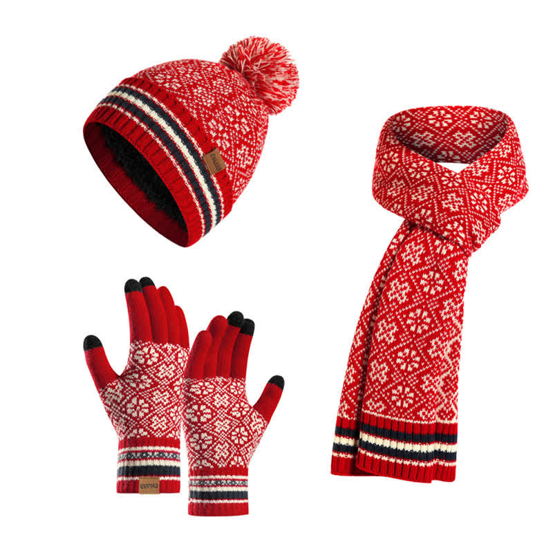 Juego de 3 guantes unisex con pantalla táctil, gorro y bufanda con copos de nieve