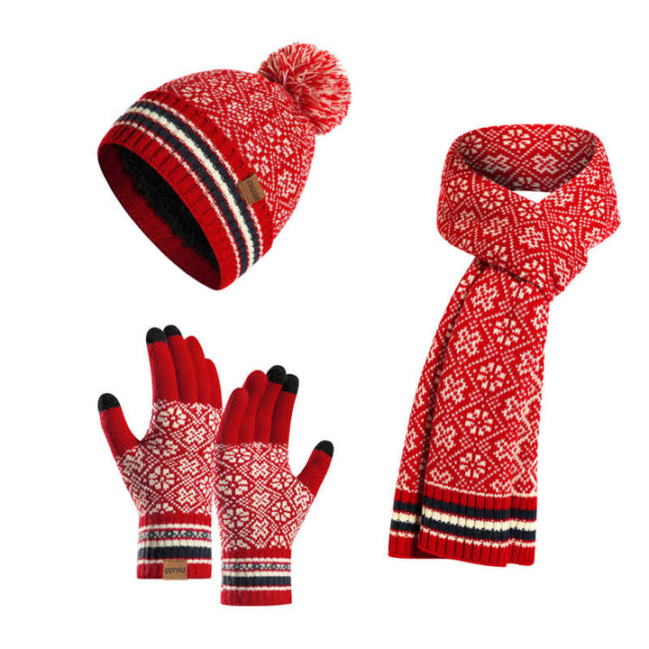 Juego de 3 guantes unisex con pantalla táctil, gorro y bufanda con copos de nieve