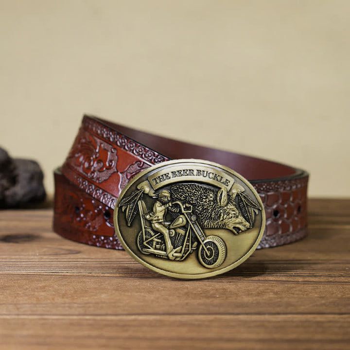 Cinturón de cuero con hebilla para hombre, hecho a mano, con diseño creativo de motocicleta