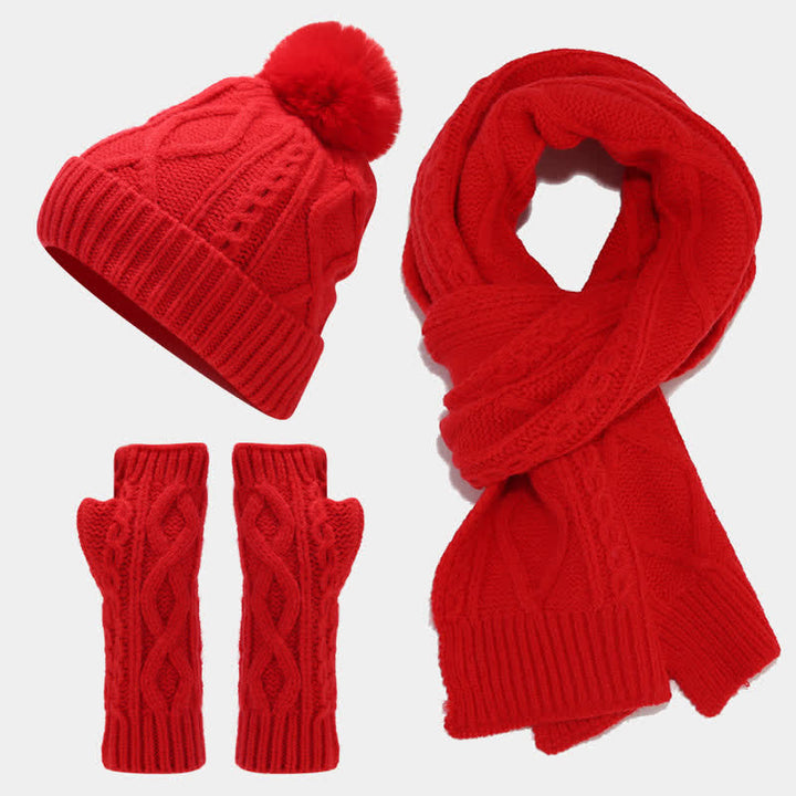 Conjunto de 3 piezas de gorro, bufanda y manoplas sin dedos de punto con cable para mujer