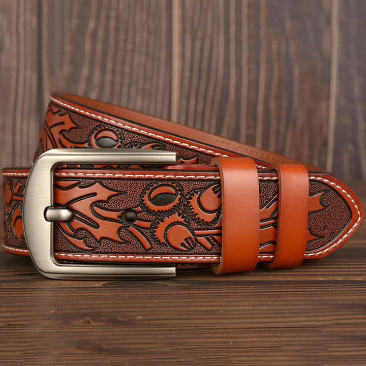 Cinturón de cuero con estampado floral en relieve para hombre