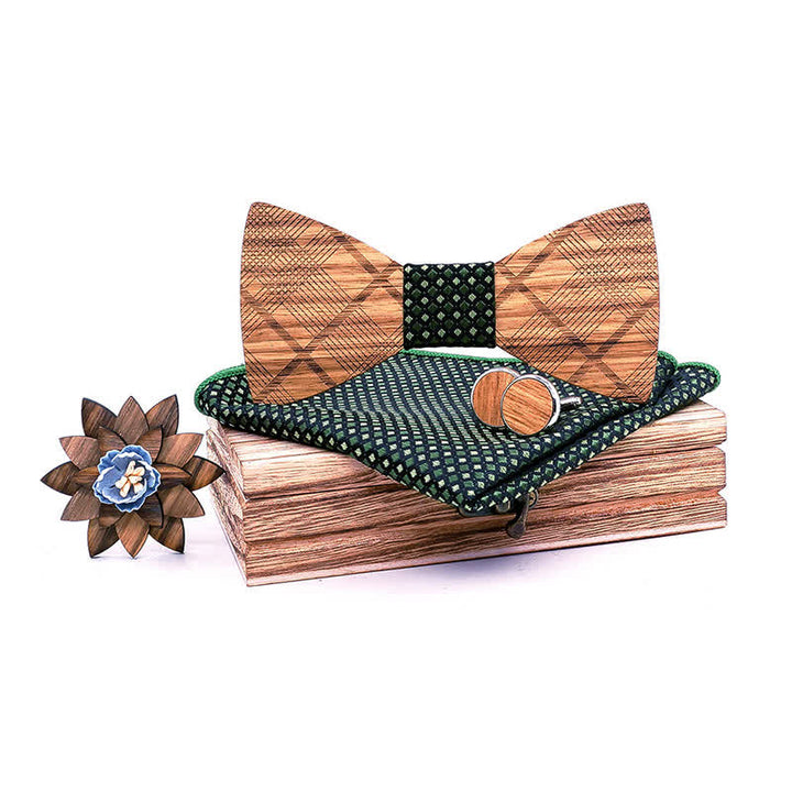 Juego de 4 pajaritas clásicas de madera a cuadros para hombre