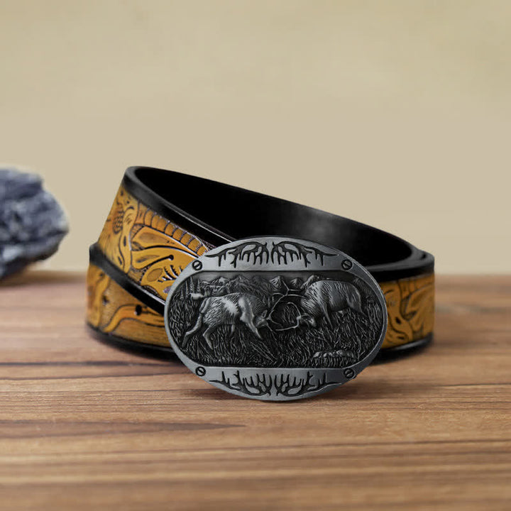 Cinturón de cuero estilo western con hebilla de ciervo salvaje para hombre, hecho a mano
