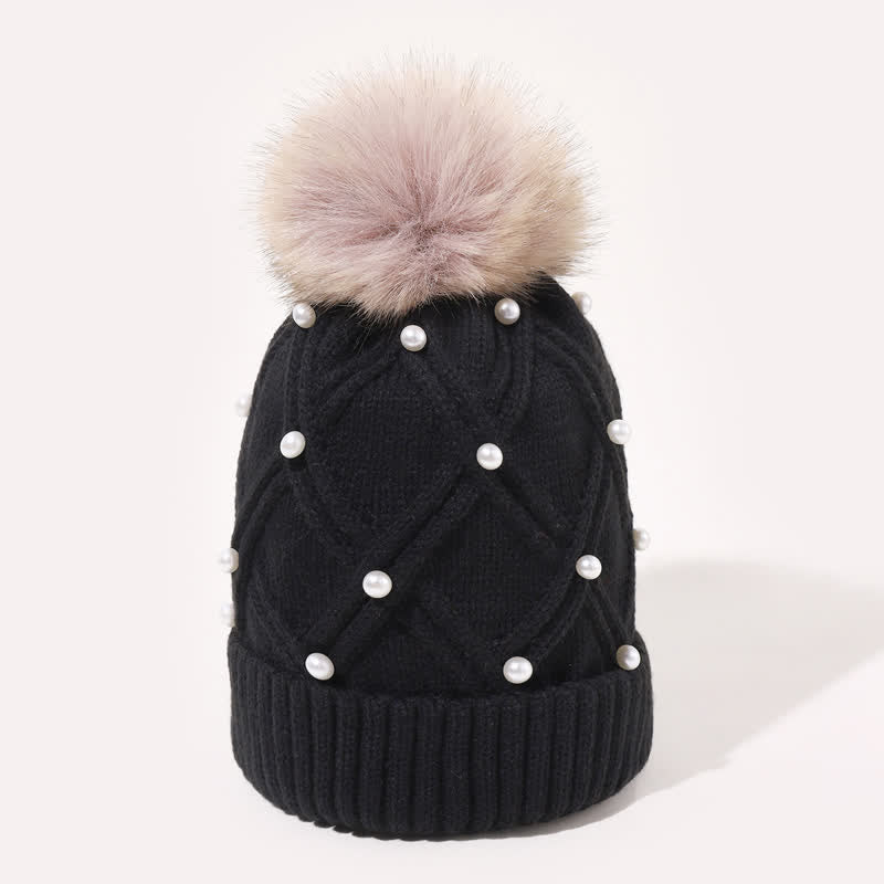 Gorro de punto elástico con pompones y perlas para mujer