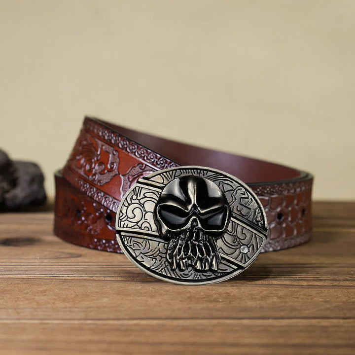 Cinturón de cuero con cuchillo plegable oculto con cabeza de calavera para hombre