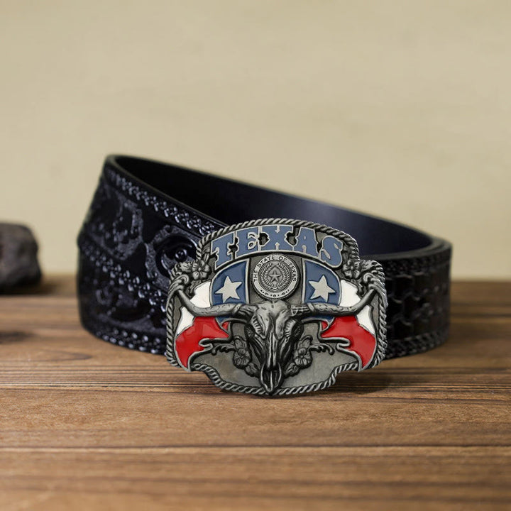 Cinturón de cuero con hebilla de toro Longhorn con bandera de Texas para hombre