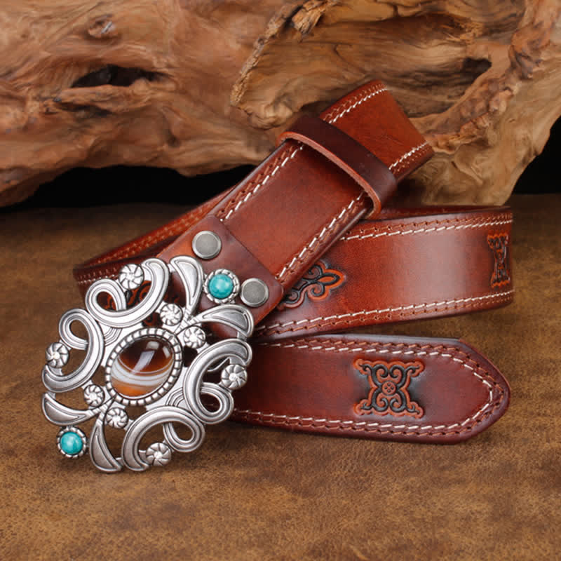 Cinturón unisex de cuero con flor hueca de color turquesa y piedra de ágata