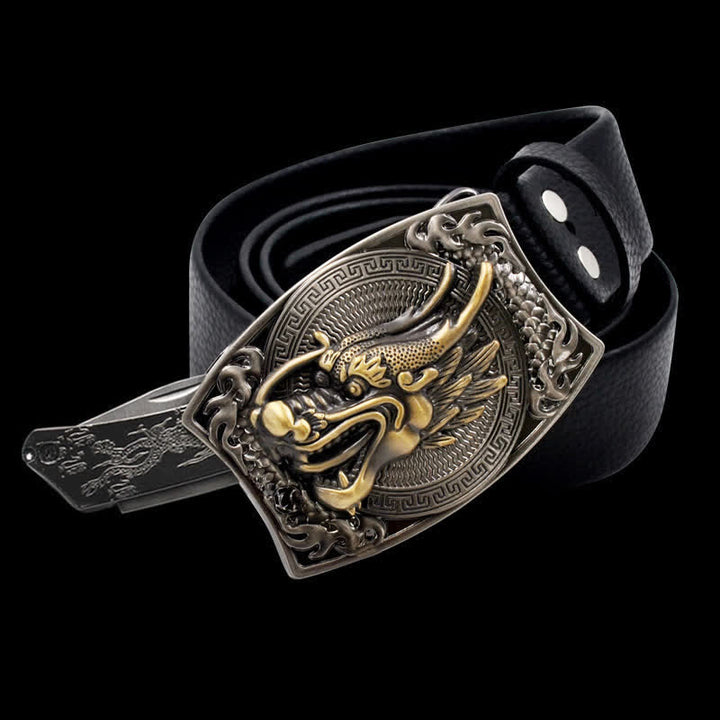 Cinturón de cuero con cabeza de dragón dorado para hombre con navaja plegable