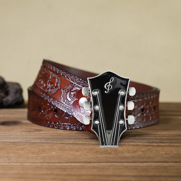 Cinturón de cuero con hebilla de clavijero de guitarra musical para hombre hecho a mano