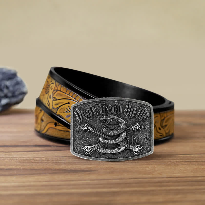 Cinturón de cuero con hebilla de serpiente de cascabel y calavera para hombre, hecho a mano