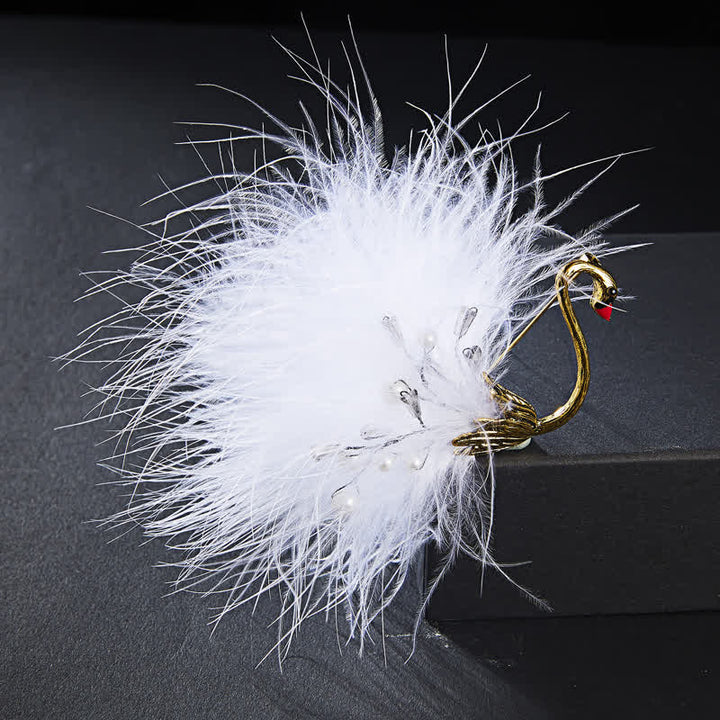 Broche de plumas de cisne de peluche blanco y negro para mujer