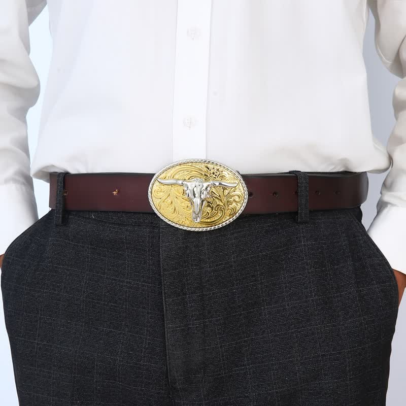Cinturón de cuero con hebilla de cabeza de toro dorada brillante para hombre hecho a mano