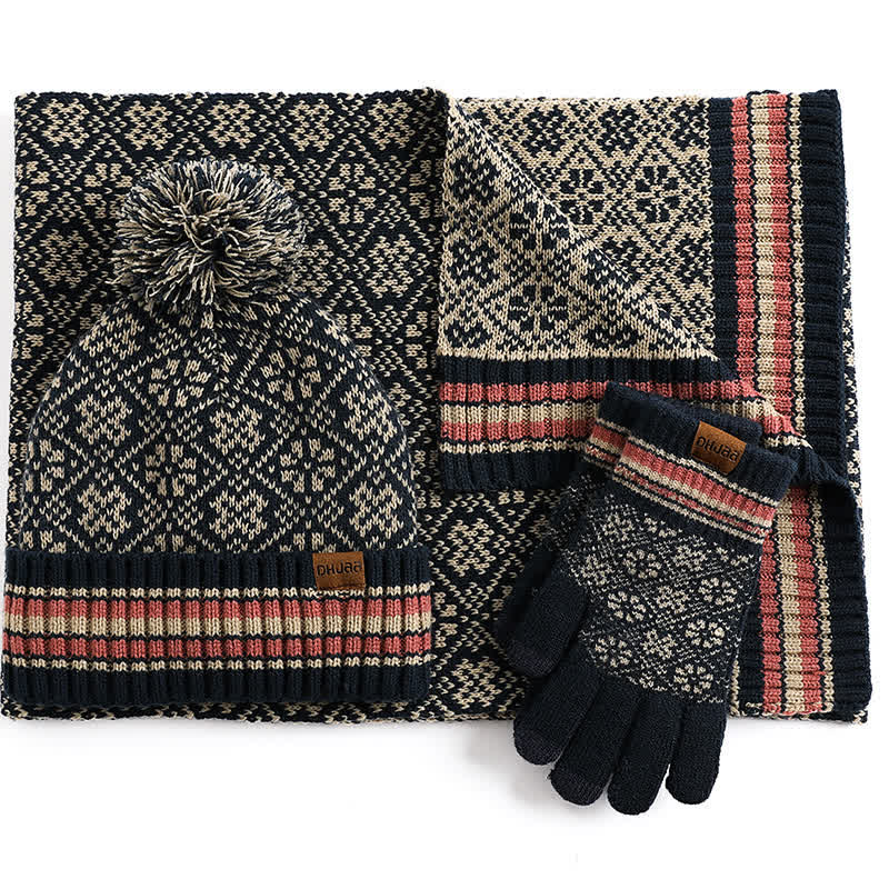 Juego de 3 guantes unisex con pantalla táctil, gorro y bufanda con copos de nieve