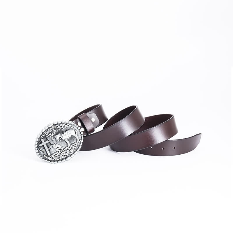 Cinturón de cuero con cruz de corcel para oración arrodillada para hombre