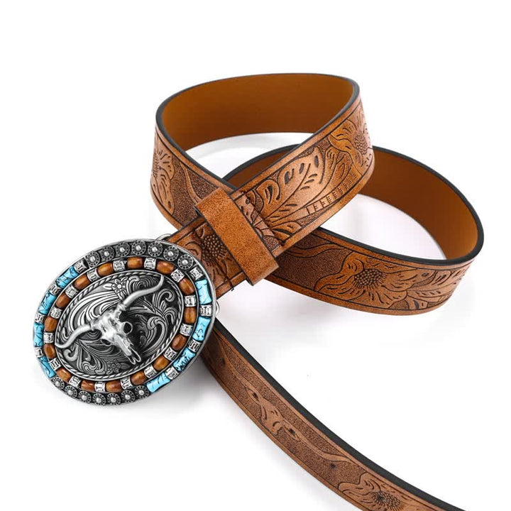 Cinturón de cuero de toro turquesa estilo vaquero occidental para hombre