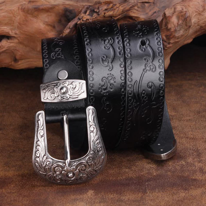 Cinturón unisex de piel con estampado de flores y textura rústica
