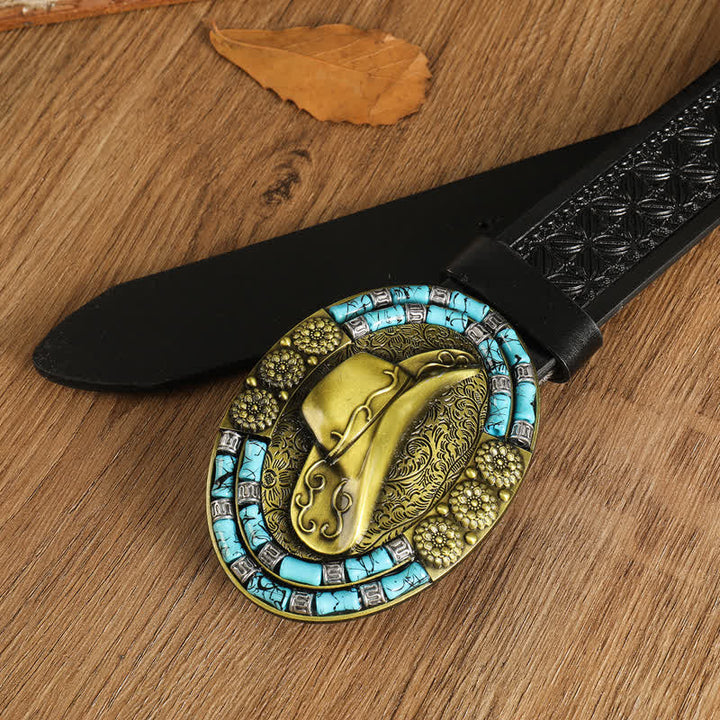 Cinturón de cuero con decoración turquesa y sombrero de vaquero dorado para hombre