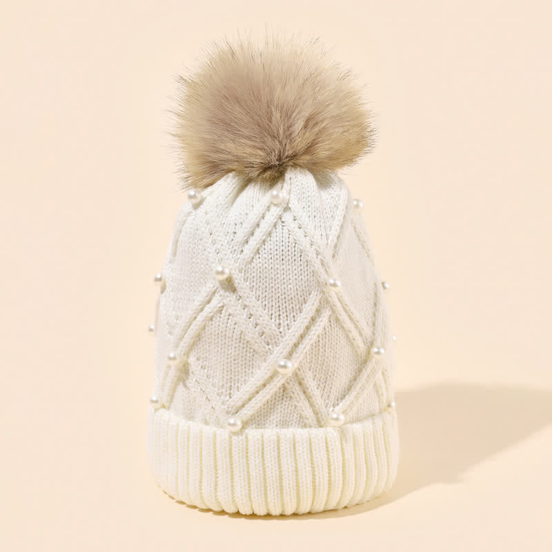Gorro de punto elástico con pompones y perlas para mujer