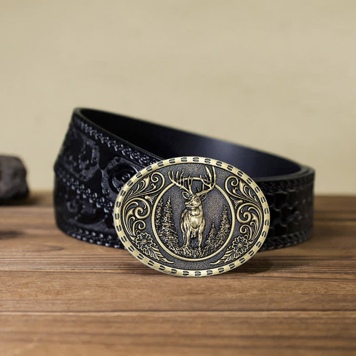 Cinturón de cuero con hebilla de bandera estadounidense para hombre, hecho a mano, con diseño de ciervos